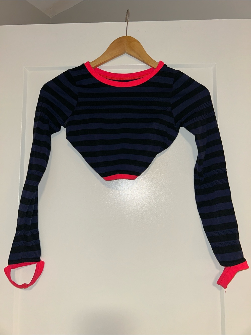 FP Movement by Free People Navy and Black Striped Crop Top with Hot Pink Trim